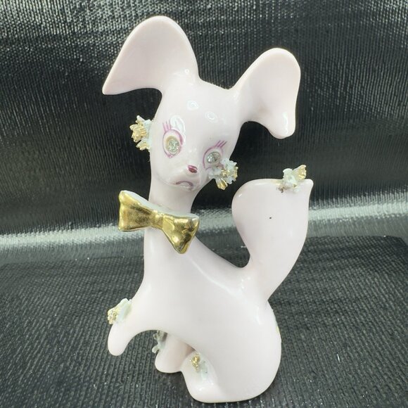 Thames Pink Ceramic Poodle Figurines Gold Bows Rhinestone Eyes Spaghetti Set 3 - Picture 13 of 15